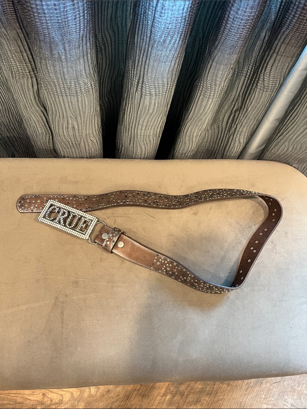 Rhinestone 'CRUE' Brown Leather Studded Belt